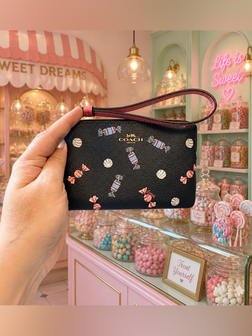 🍬COACH BLACK CANDY PRINT ZIP WRISTLE - Picture 8 of 15